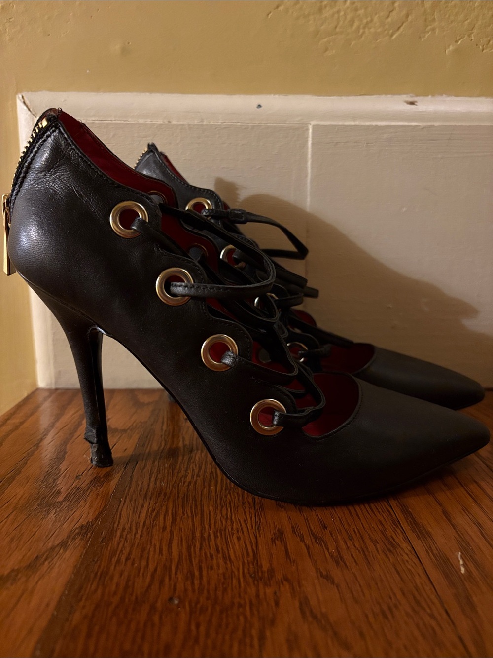 Black Lace Up Pointed Toe High Heel Pumps